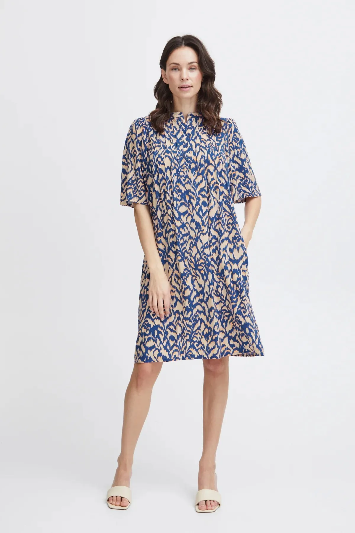 3489 - Blue, Short Sleeved, Mandarin Collar, Summer Dress - Fransa