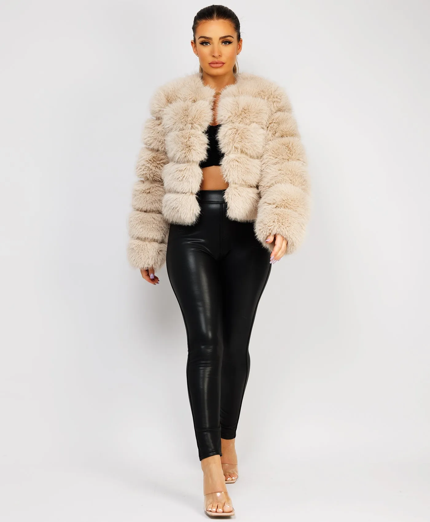 Beige Premium Faux Fur Tiered Coat Jacket