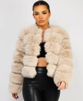 Beige Premium Faux Fur Tiered Coat Jacket