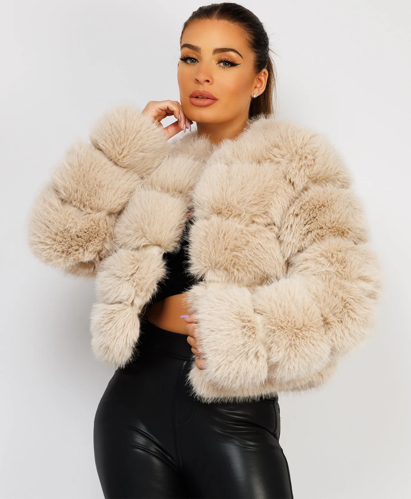 Beige Premium Faux Fur Tiered Coat Jacket