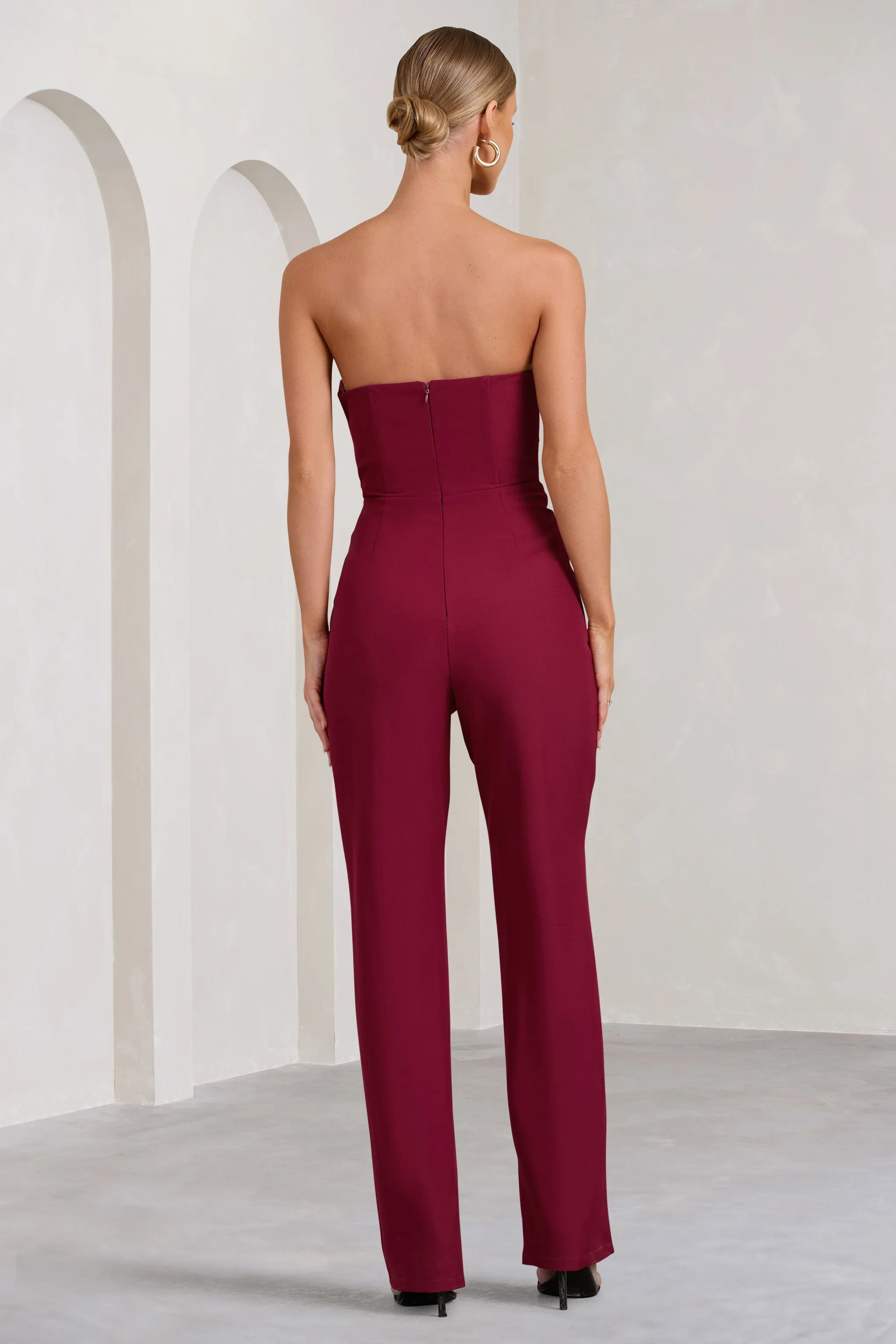 Bellezza | Burgundy Bandeau Corset Wide Leg Jumpsuit