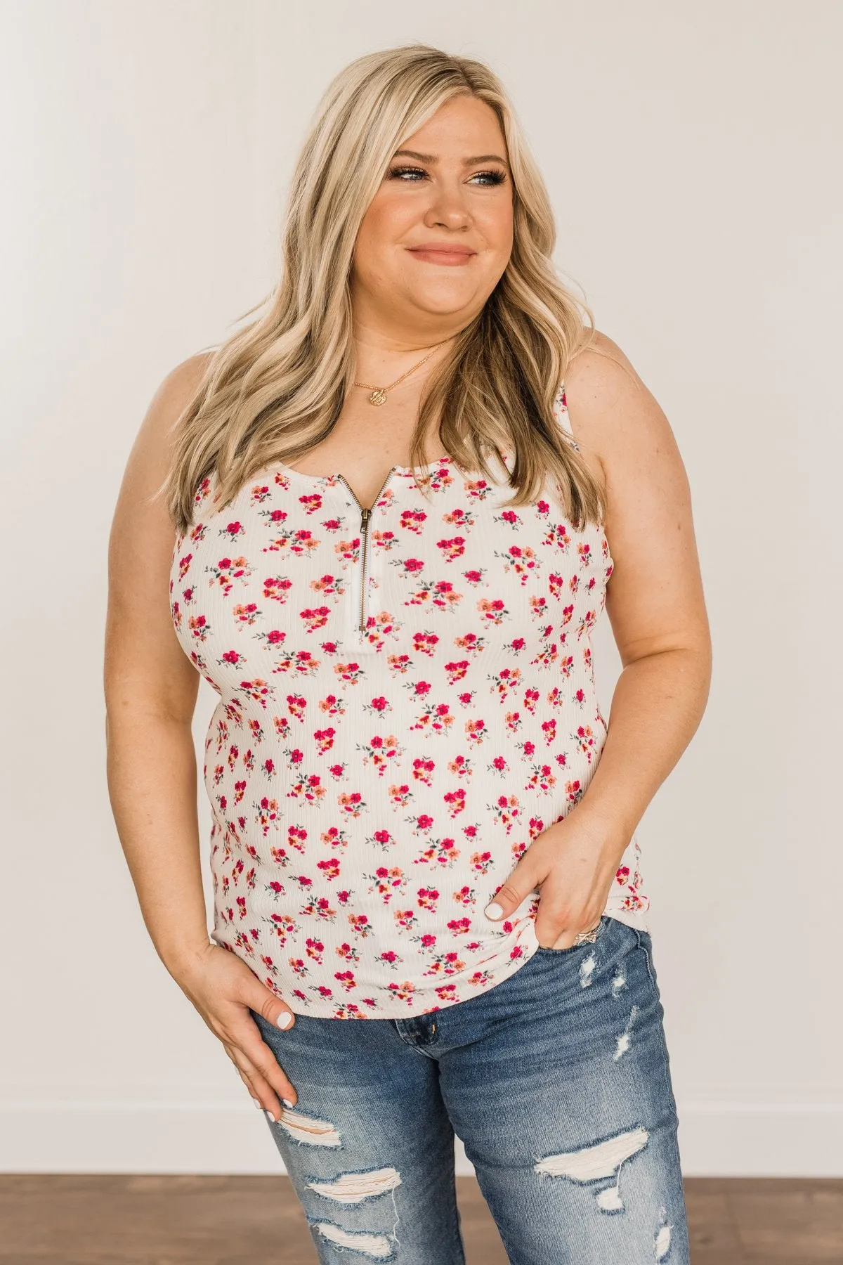 Beyond Breathtaking Zipper Henley Tank- Ivory & Fuchsia