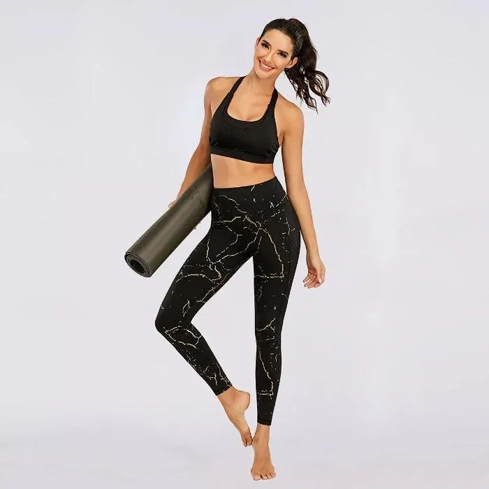 Black and Gold marbel womens leggings with phone pocket