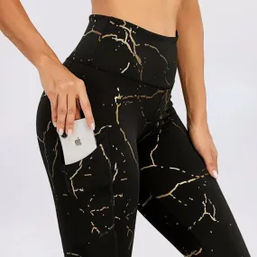 Black and Gold marbel womens leggings with phone pocket