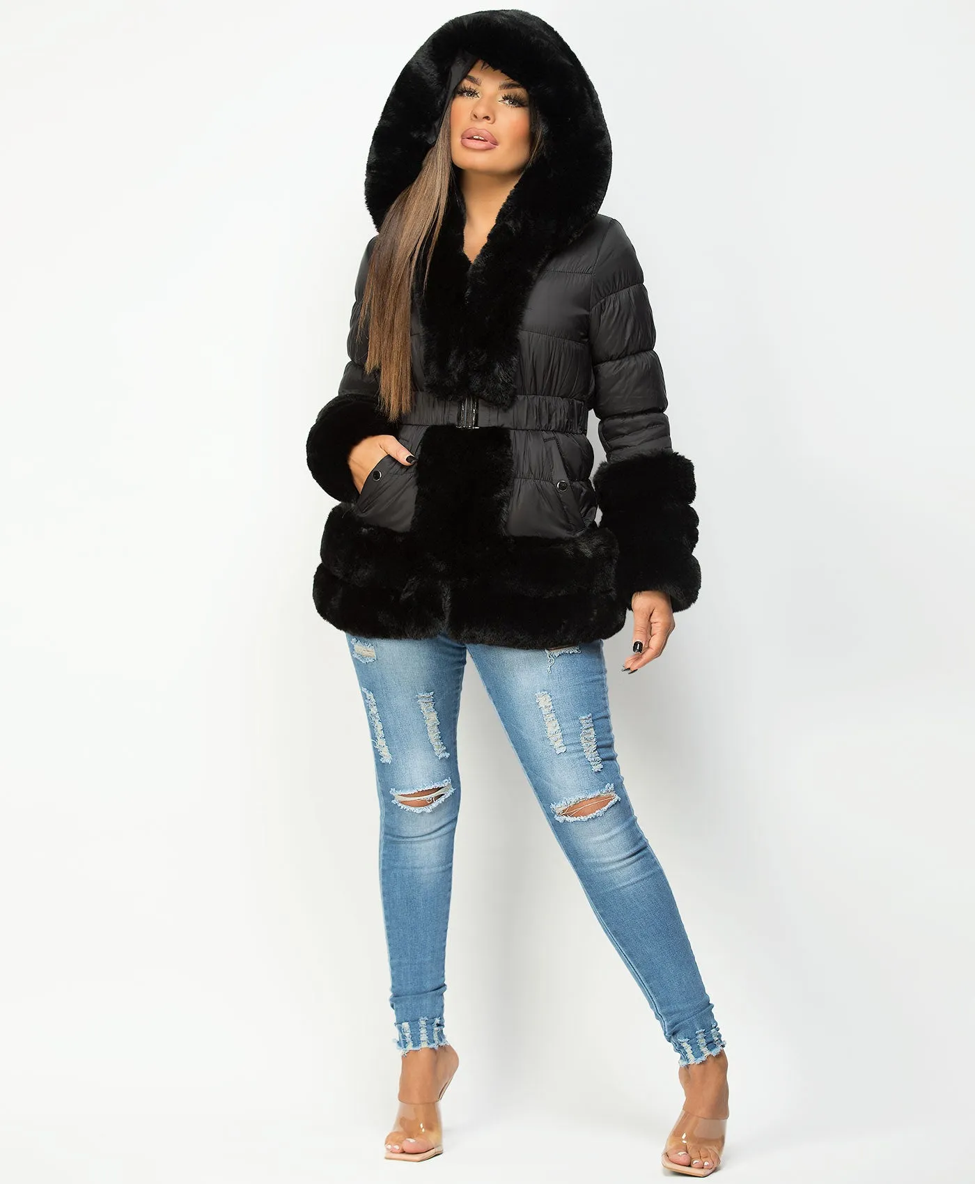 Black Faux Fur Hem Hooded Puffer Coat Jacket