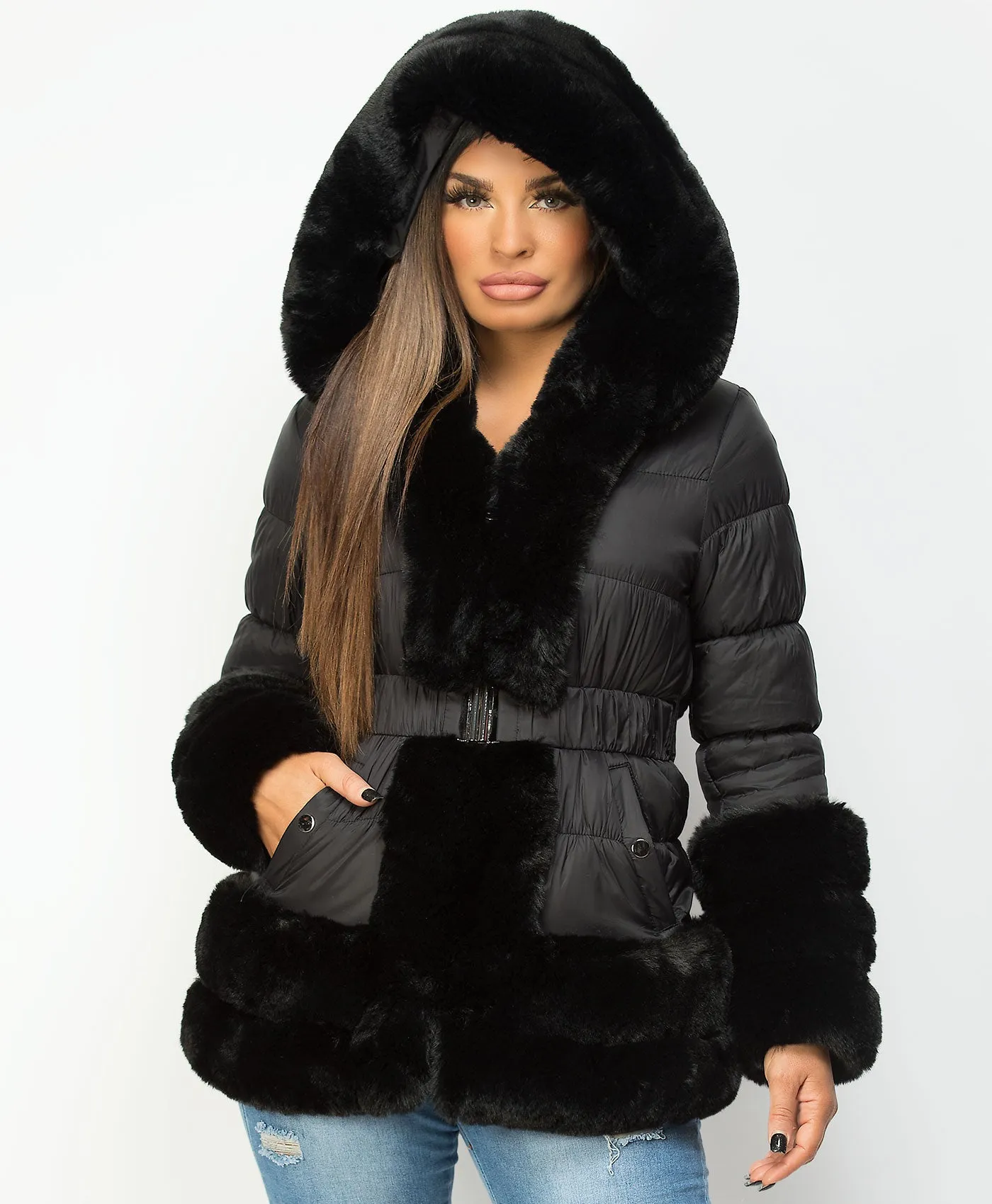 Black Faux Fur Hem Hooded Puffer Coat Jacket