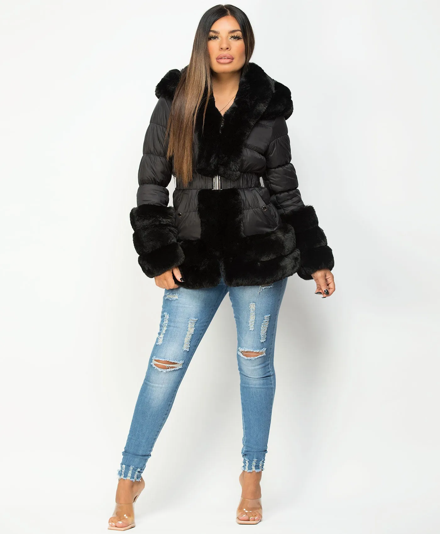 Black Faux Fur Hem Hooded Puffer Coat Jacket