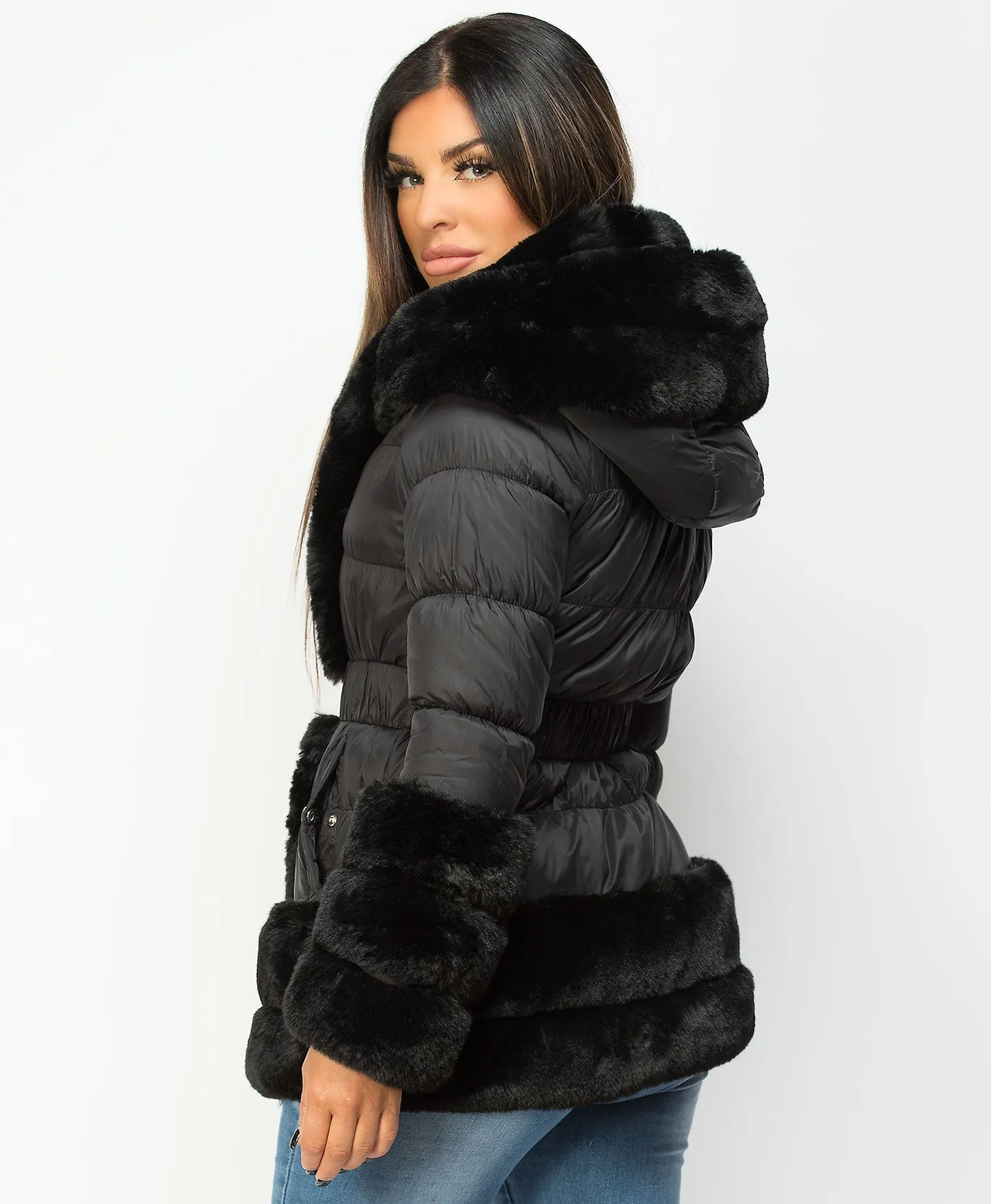 Black Faux Fur Hem Hooded Puffer Coat Jacket