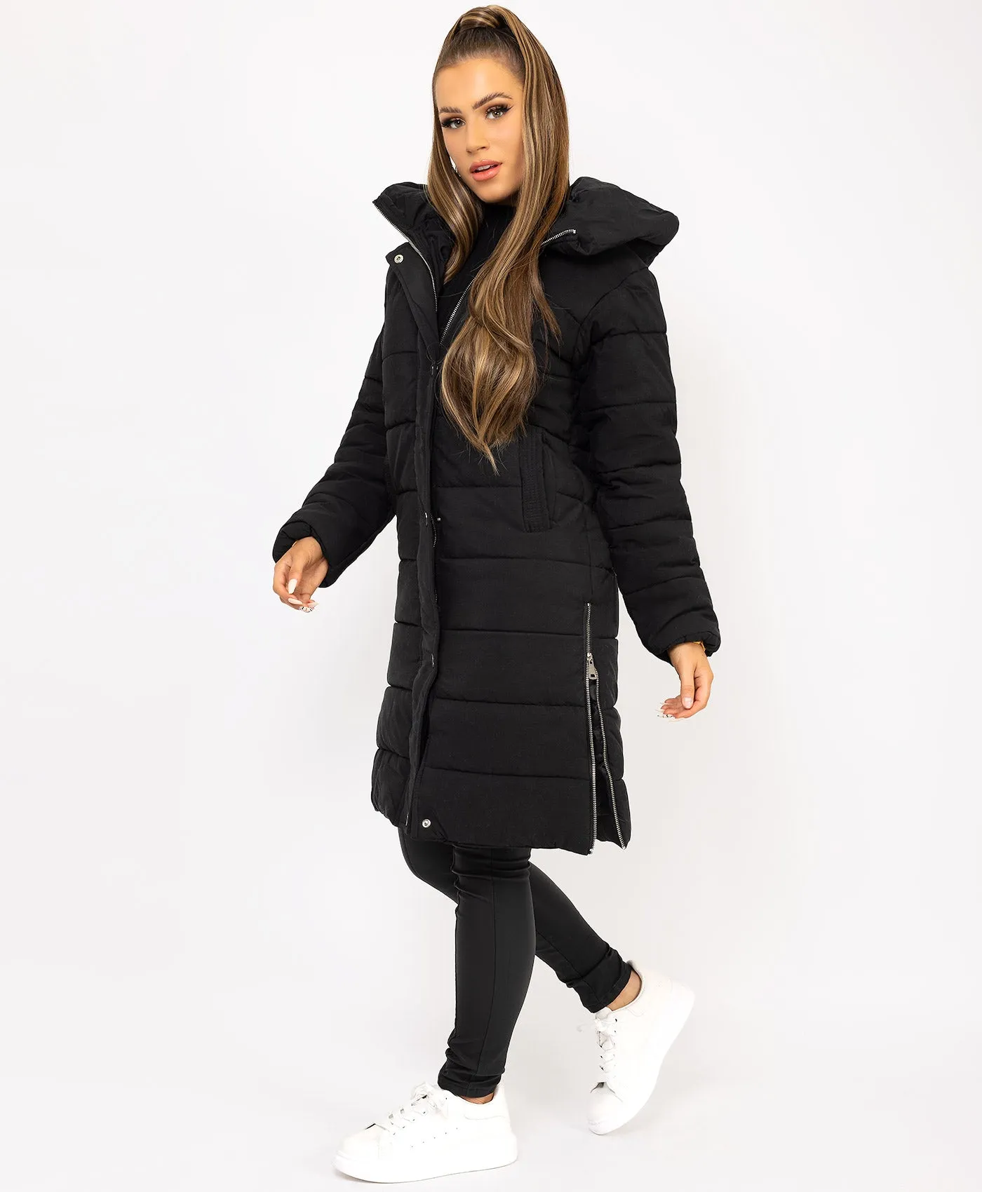 Black Longline Padded Side Split Puffer Coat Jacket