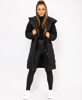 Black Longline Padded Side Split Puffer Coat Jacket