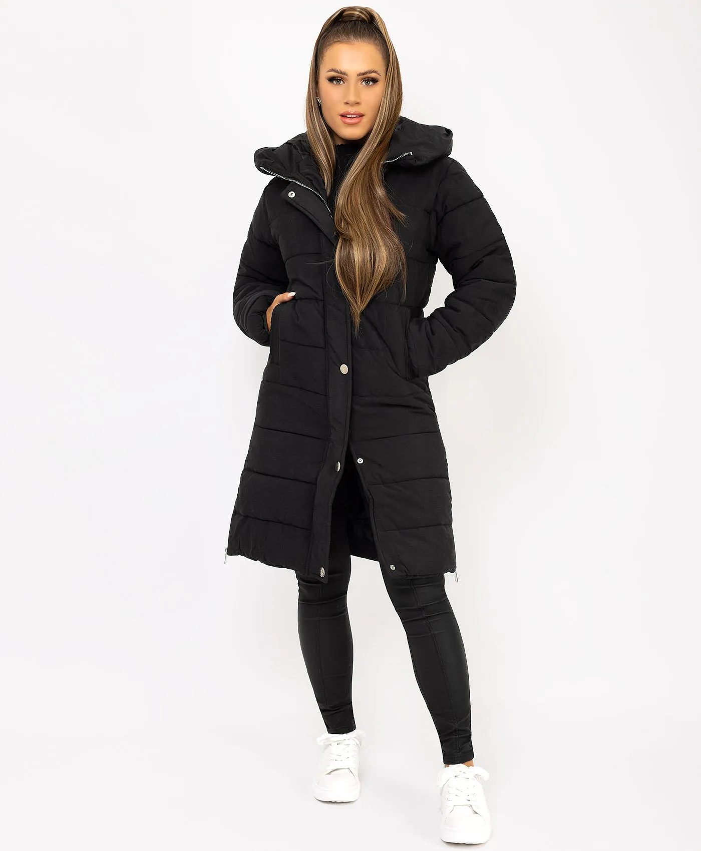 Black Longline Padded Side Split Puffer Coat Jacket