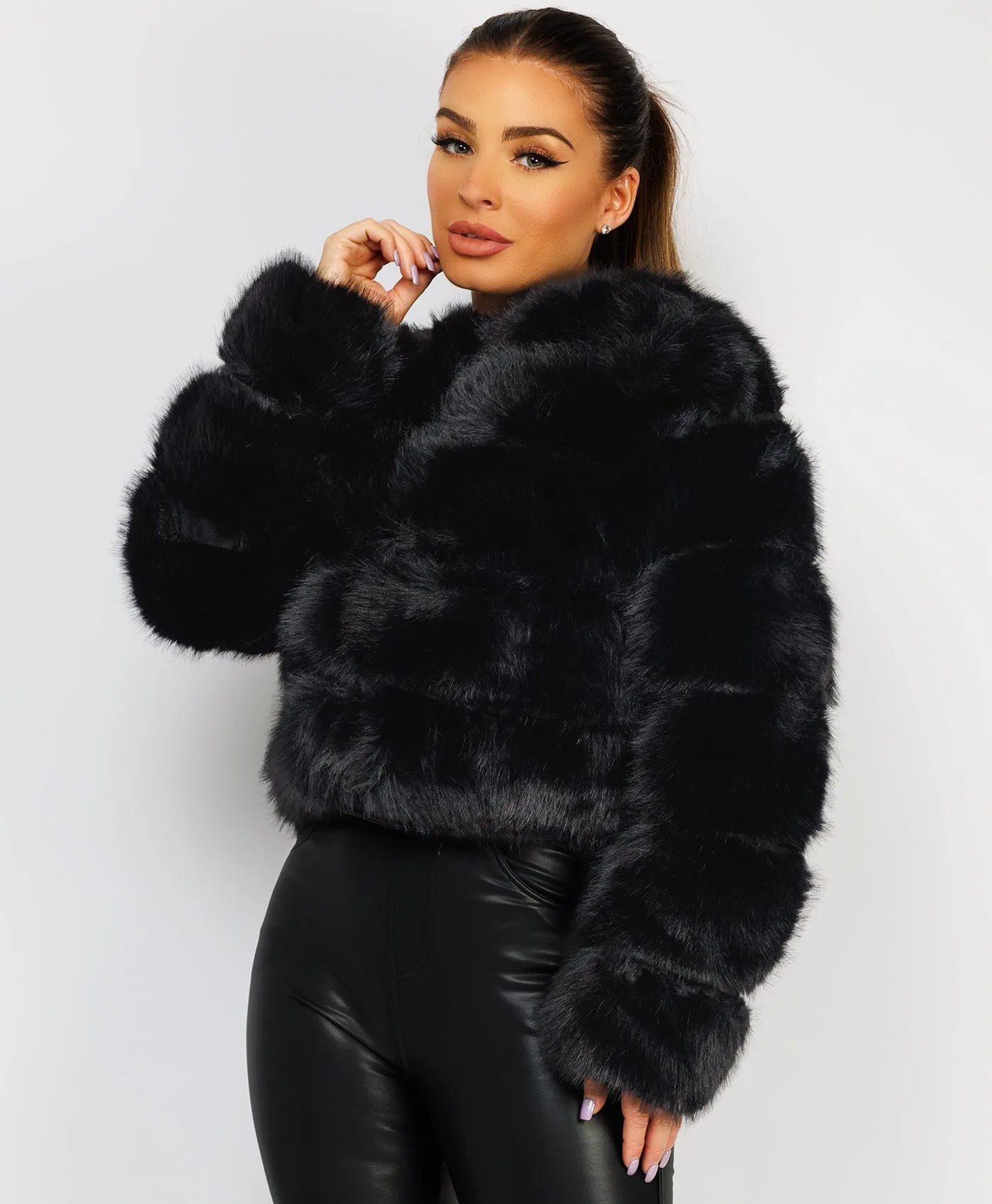 Black Premium Faux Fur Tiered Coat Jacket