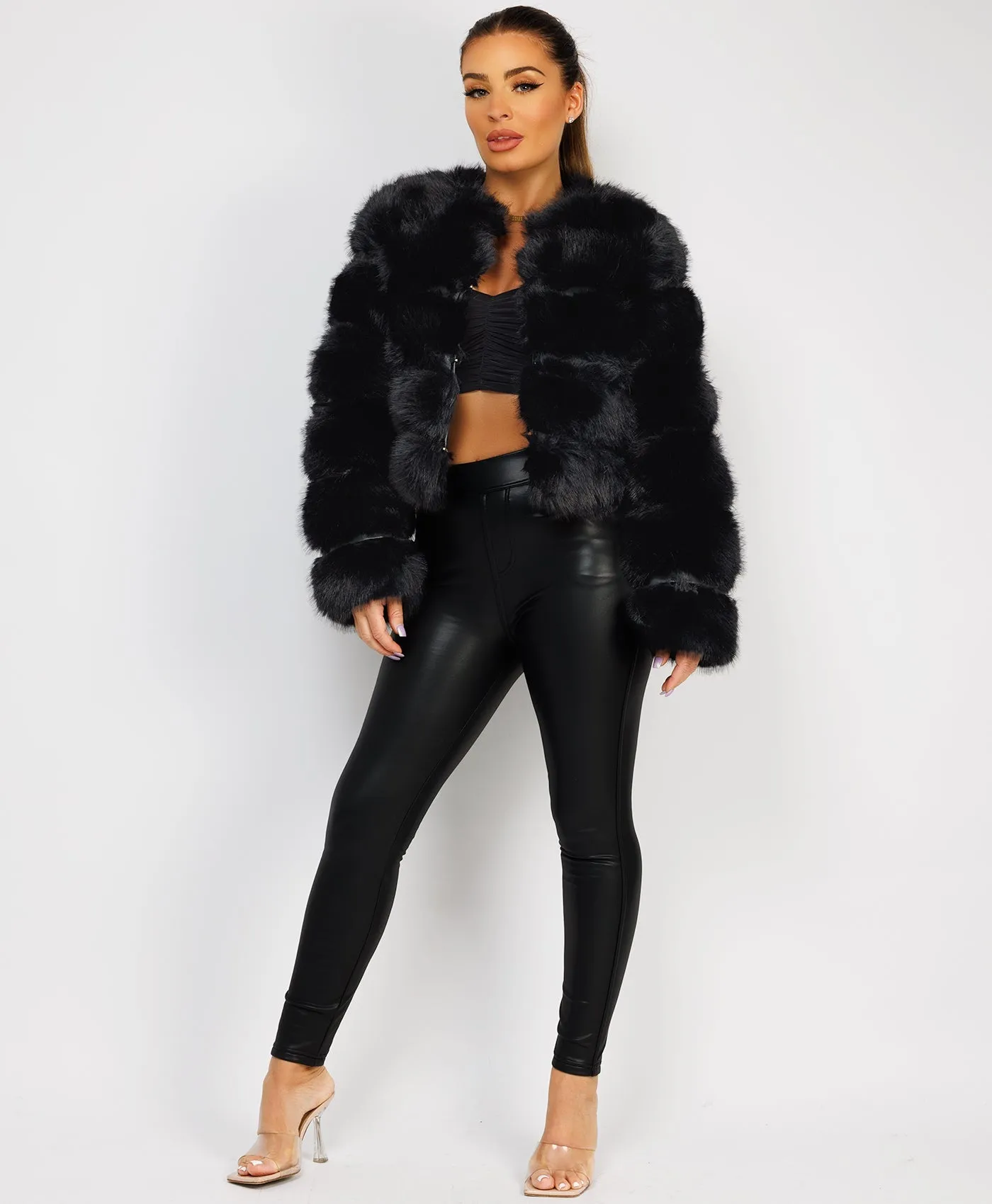 Black Premium Faux Fur Tiered Coat Jacket