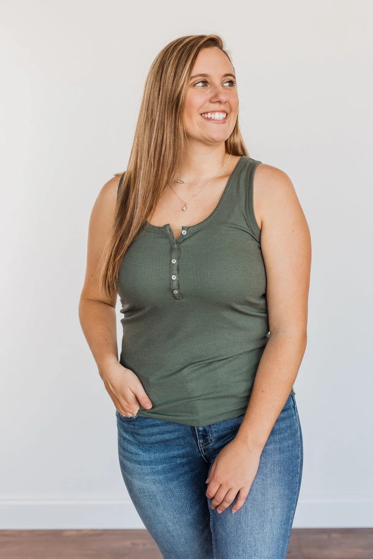 Bound To Be Beautiful Button Henley Tank Top- Olive