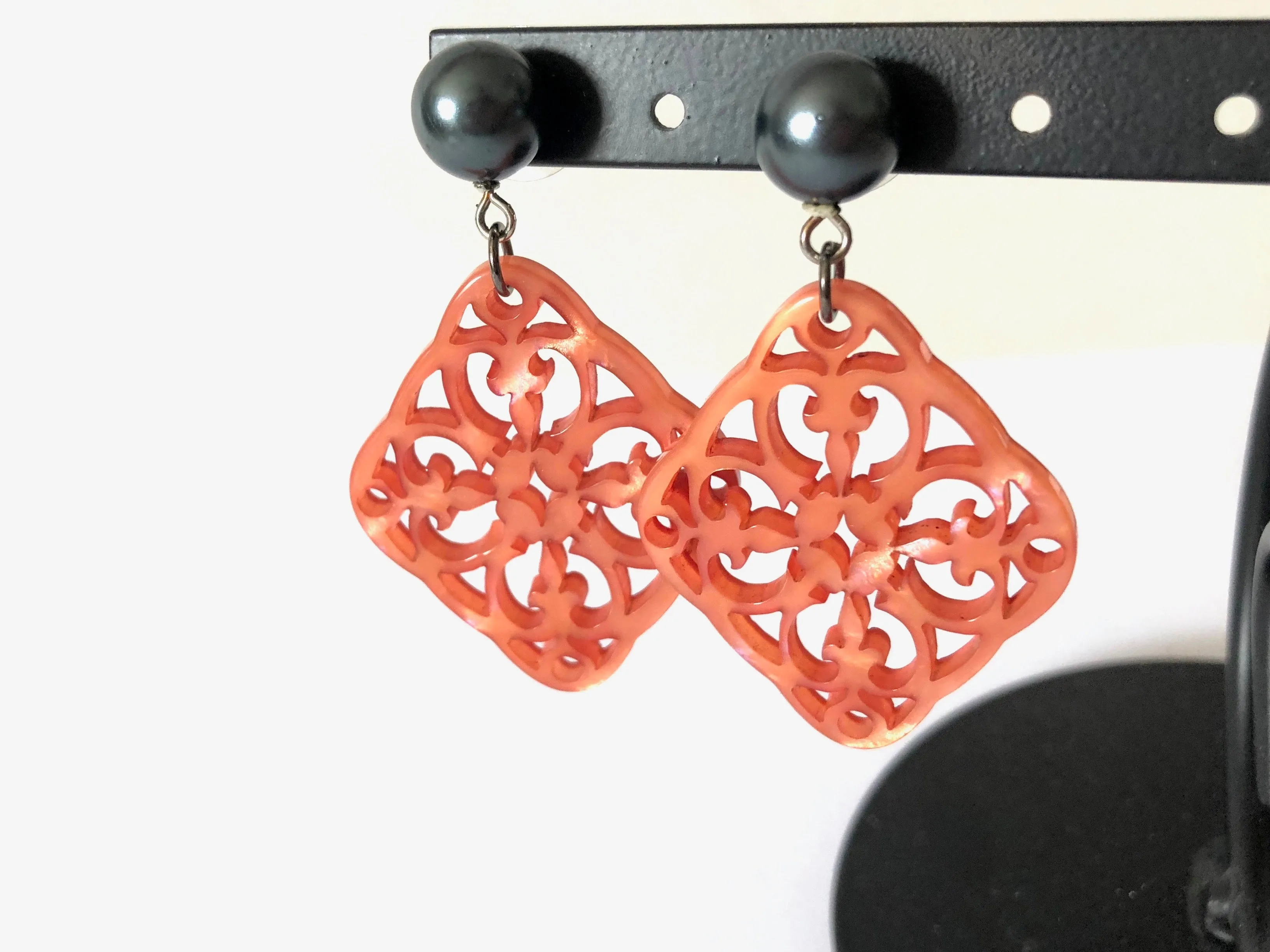 Coral & Slate Grey Pearl Bohemian Lace Medallion Earrings