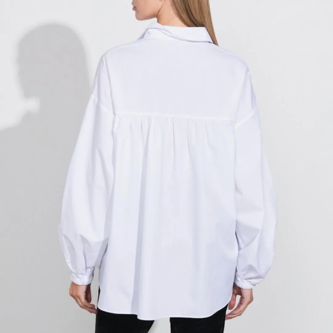 Cotton Blend Long Sleeve Blouse, White