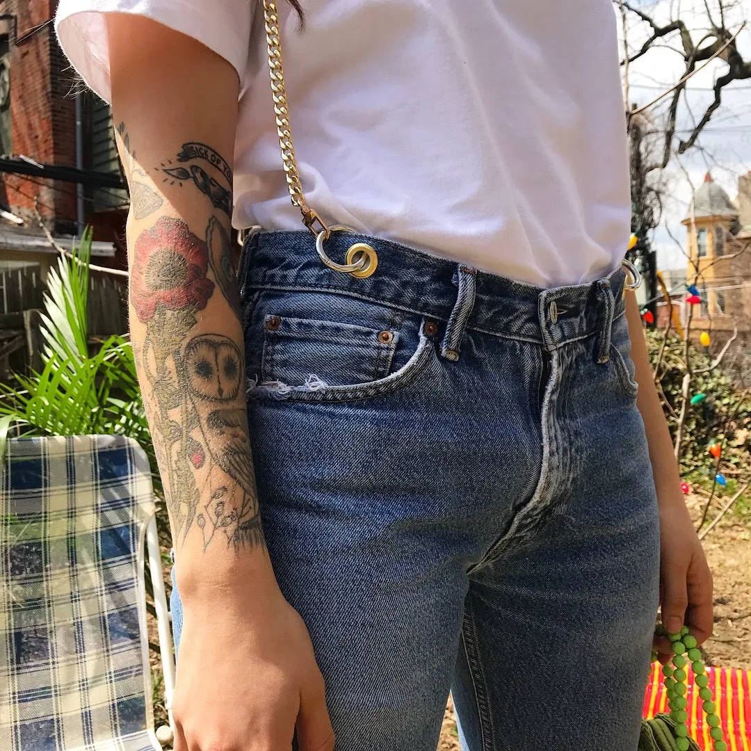 Custom chain cropped suspender jeans