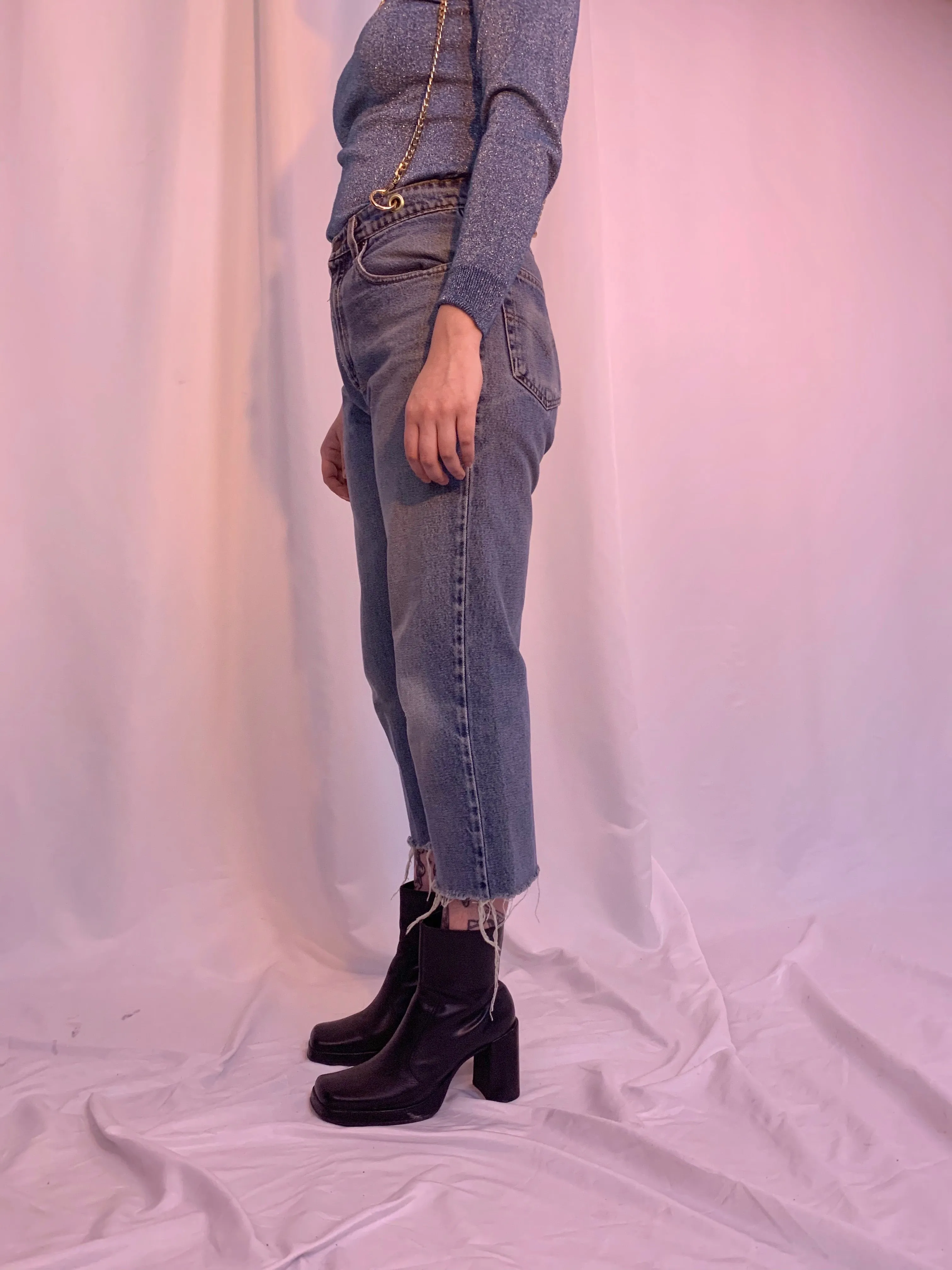 Custom chain cropped suspender jeans