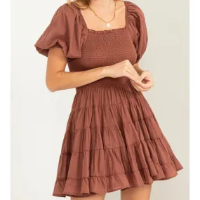 Daily Dream Smocked Tiered Mini Dress Brown