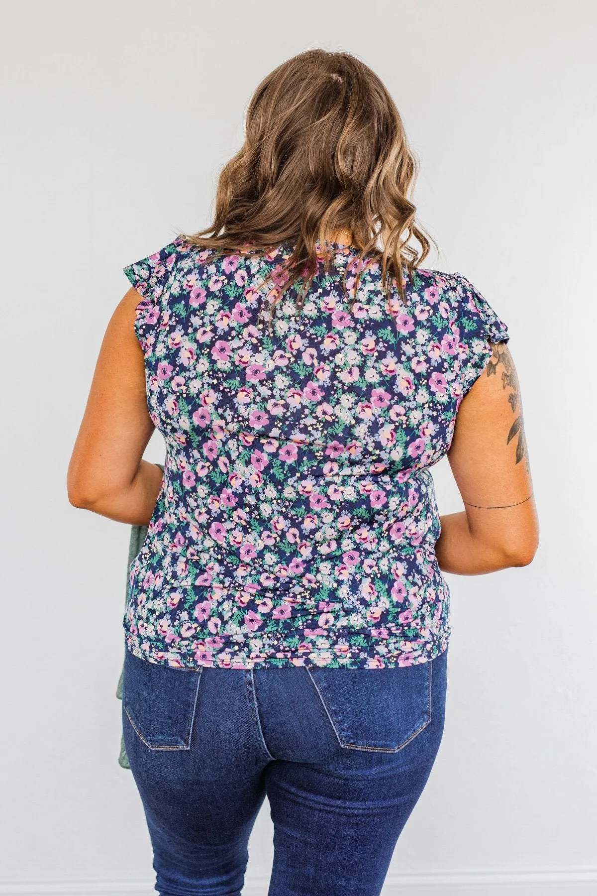 Dance Through The Petals Floral Top- Navy