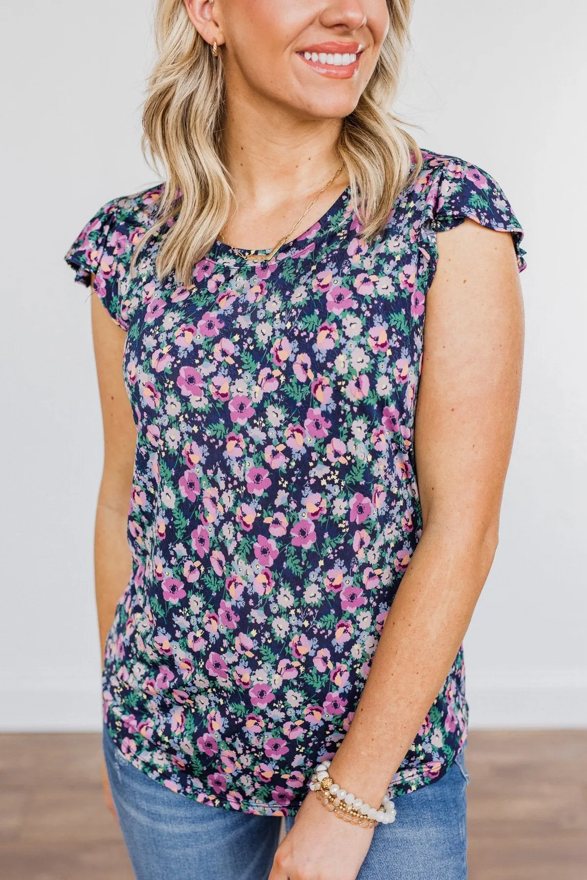 Dance Through The Petals Floral Top- Navy