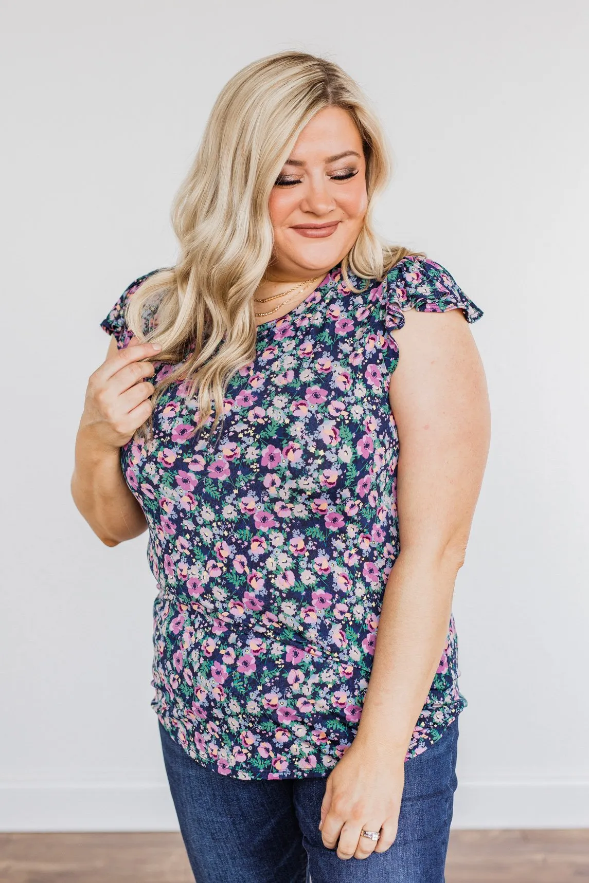 Dance Through The Petals Floral Top- Navy