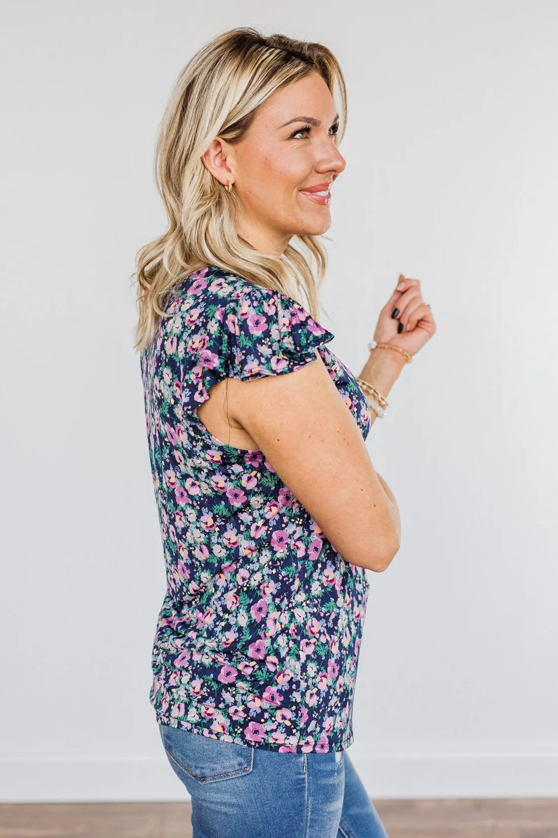 Dance Through The Petals Floral Top- Navy