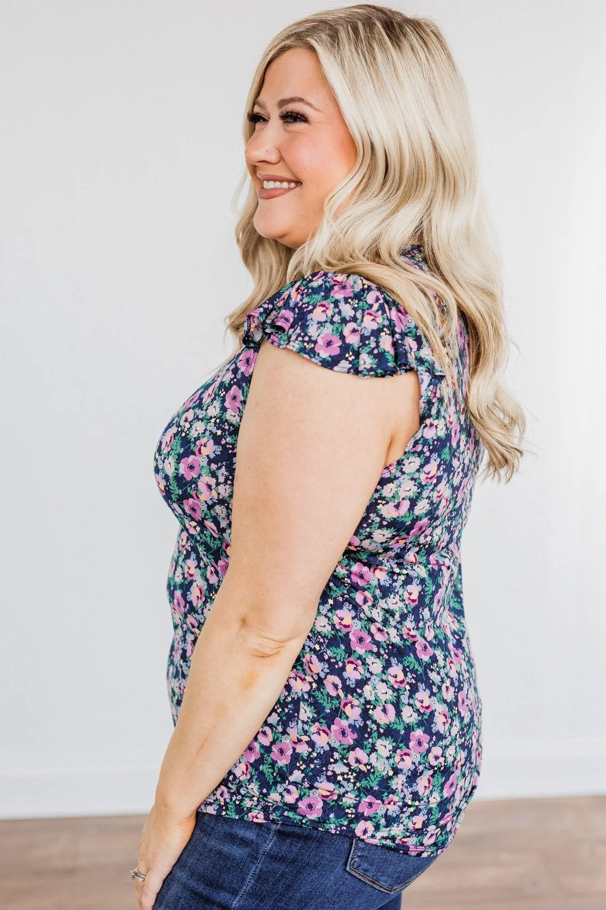 Dance Through The Petals Floral Top- Navy