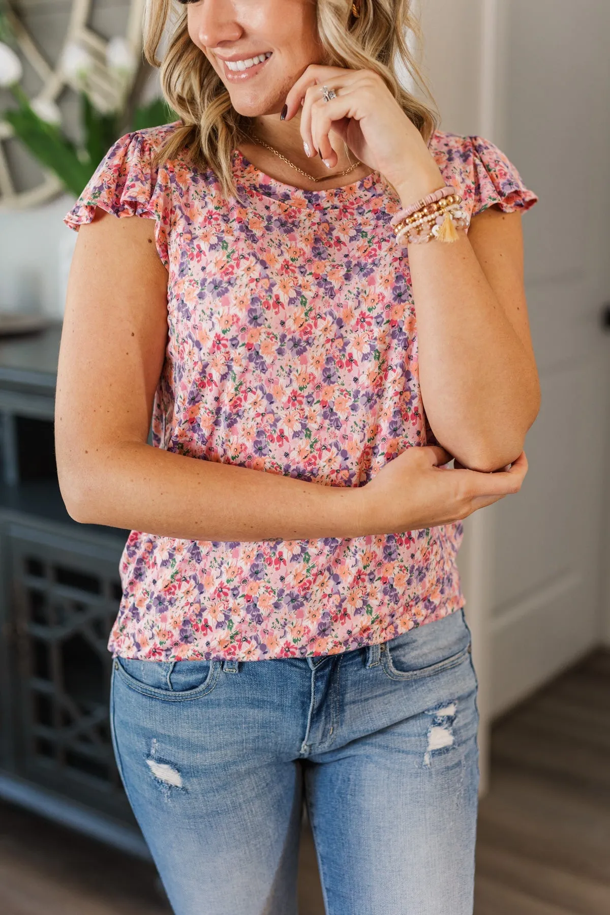 Dance Through The Petals Floral Top- Pink