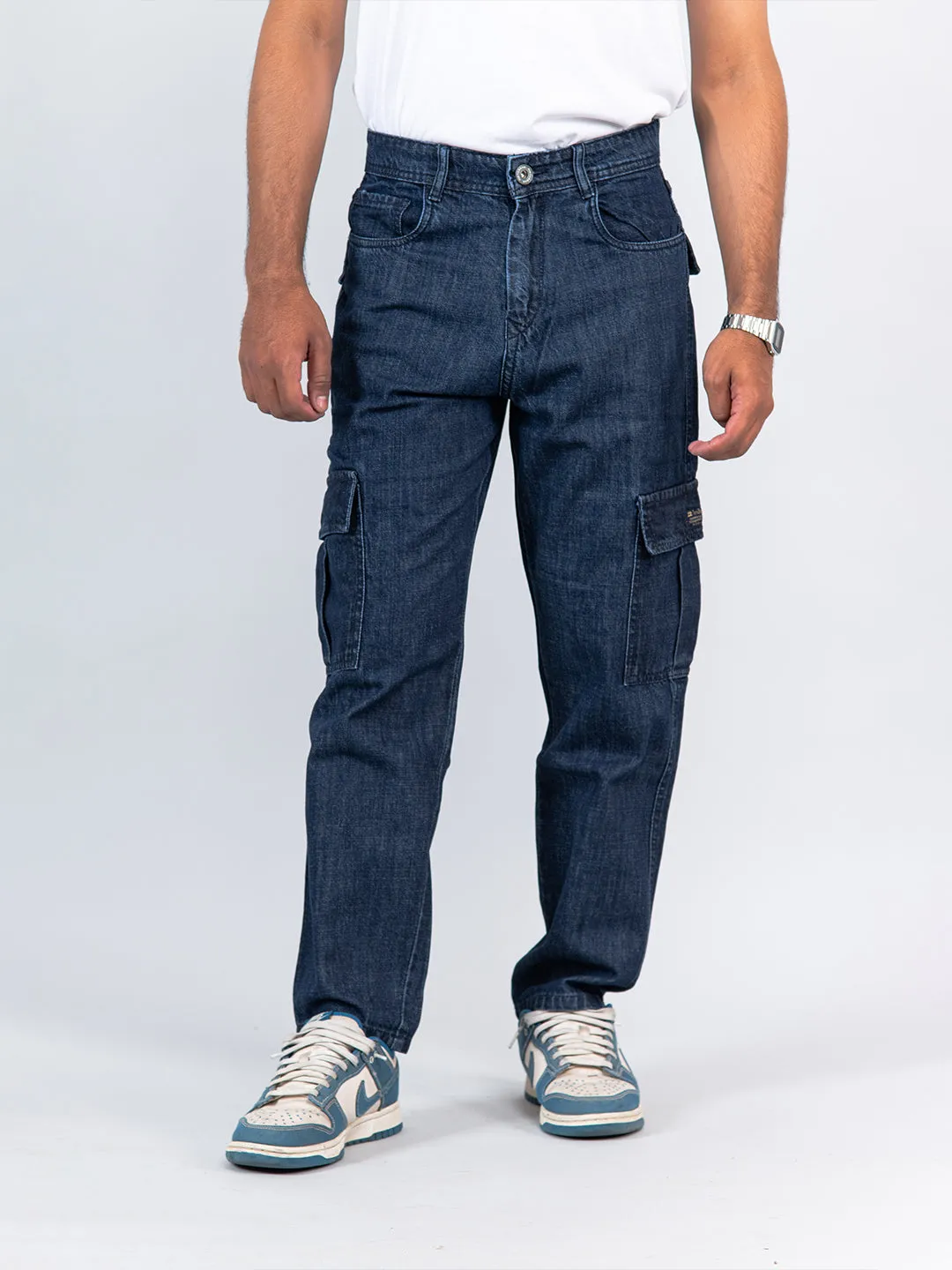 Dark Blue Baggy-Fit Cargo Denim Jeans