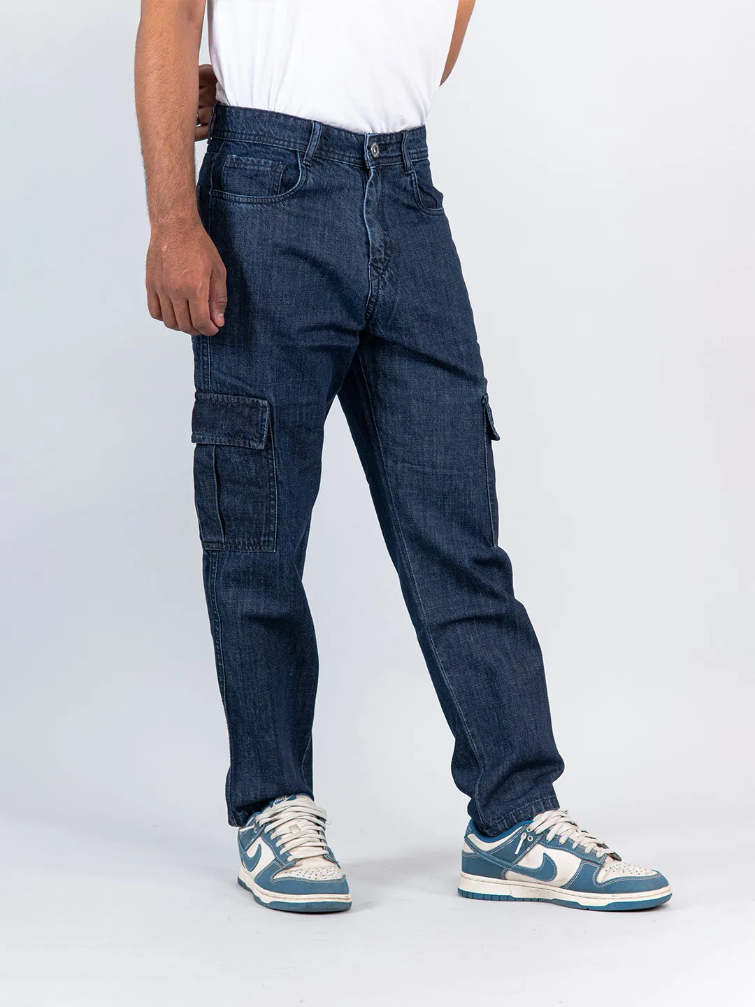 Dark Blue Baggy-Fit Cargo Denim Jeans