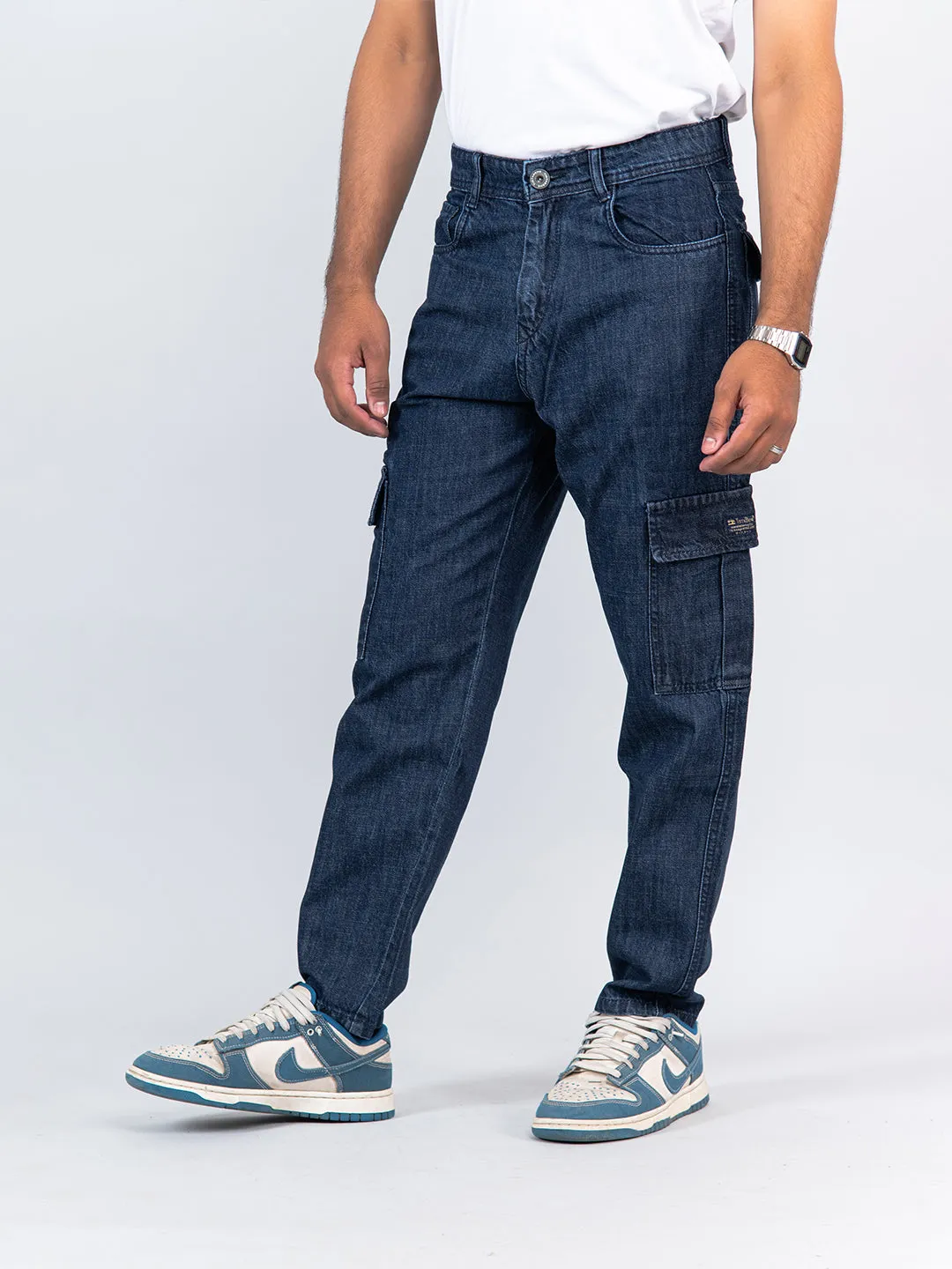 Dark Blue Baggy-Fit Cargo Denim Jeans