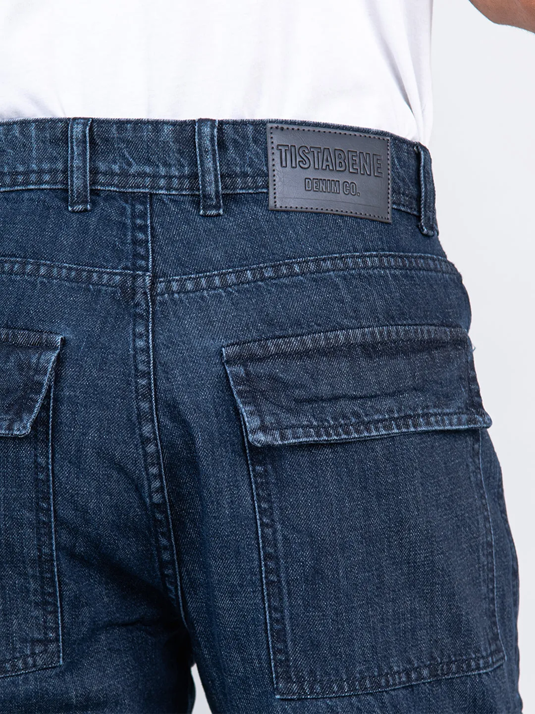 Dark Blue Baggy-Fit Cargo Denim Jeans