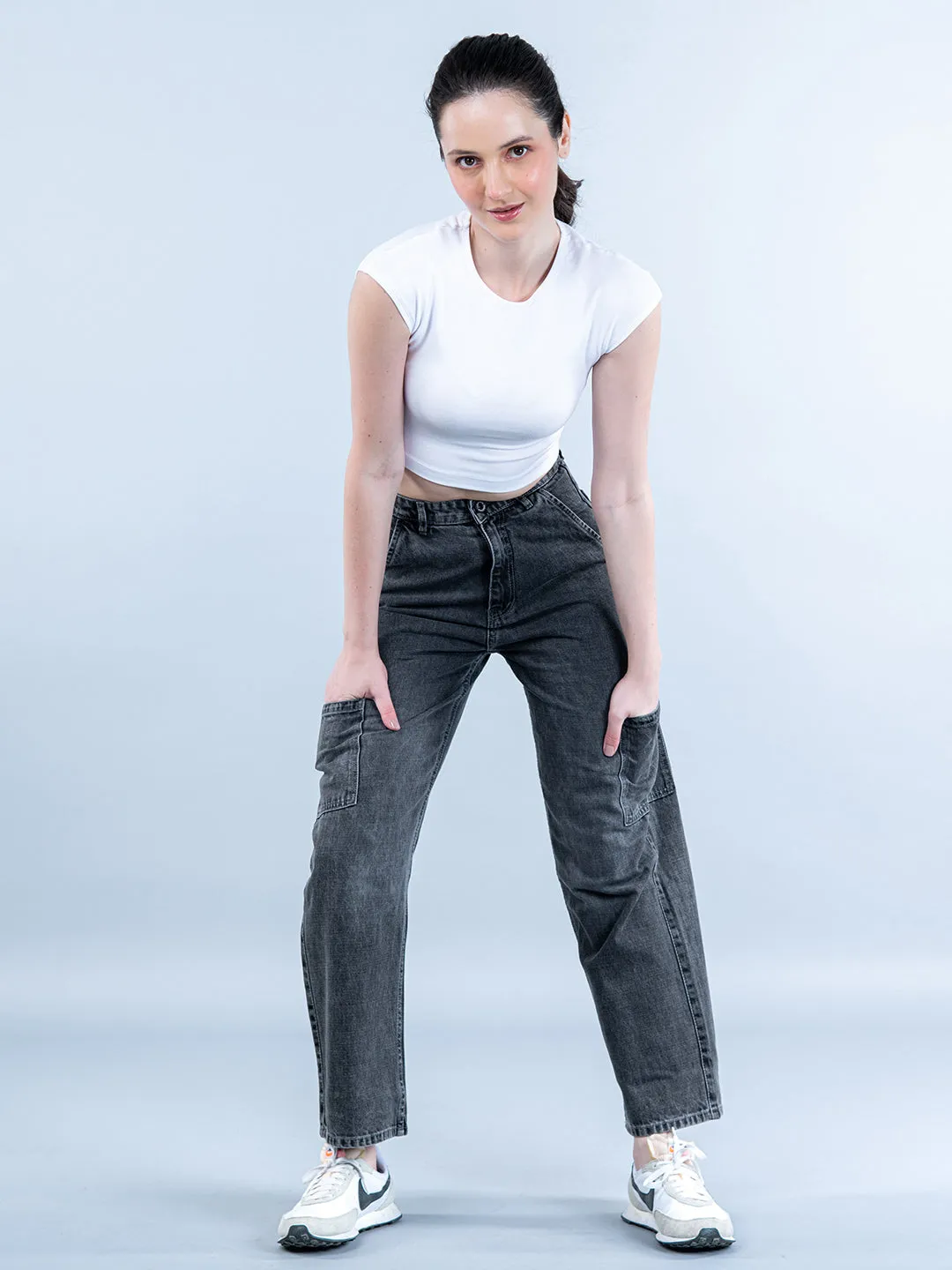 Dark Grey Cargo Jeans For Women