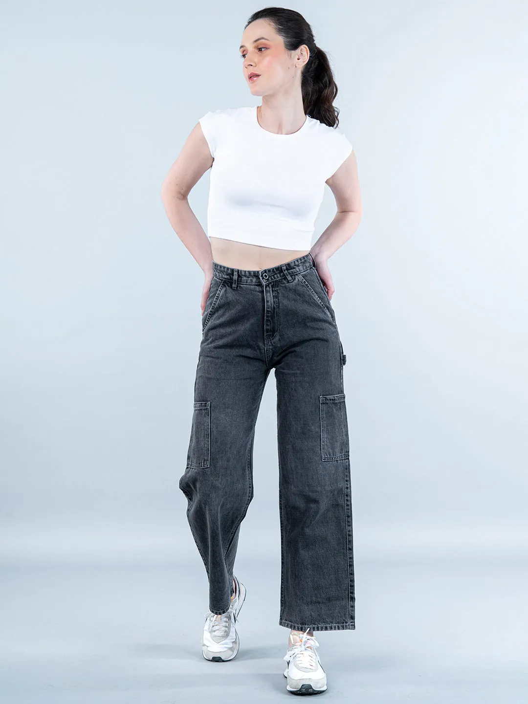 Dark Grey Cargo Jeans For Women