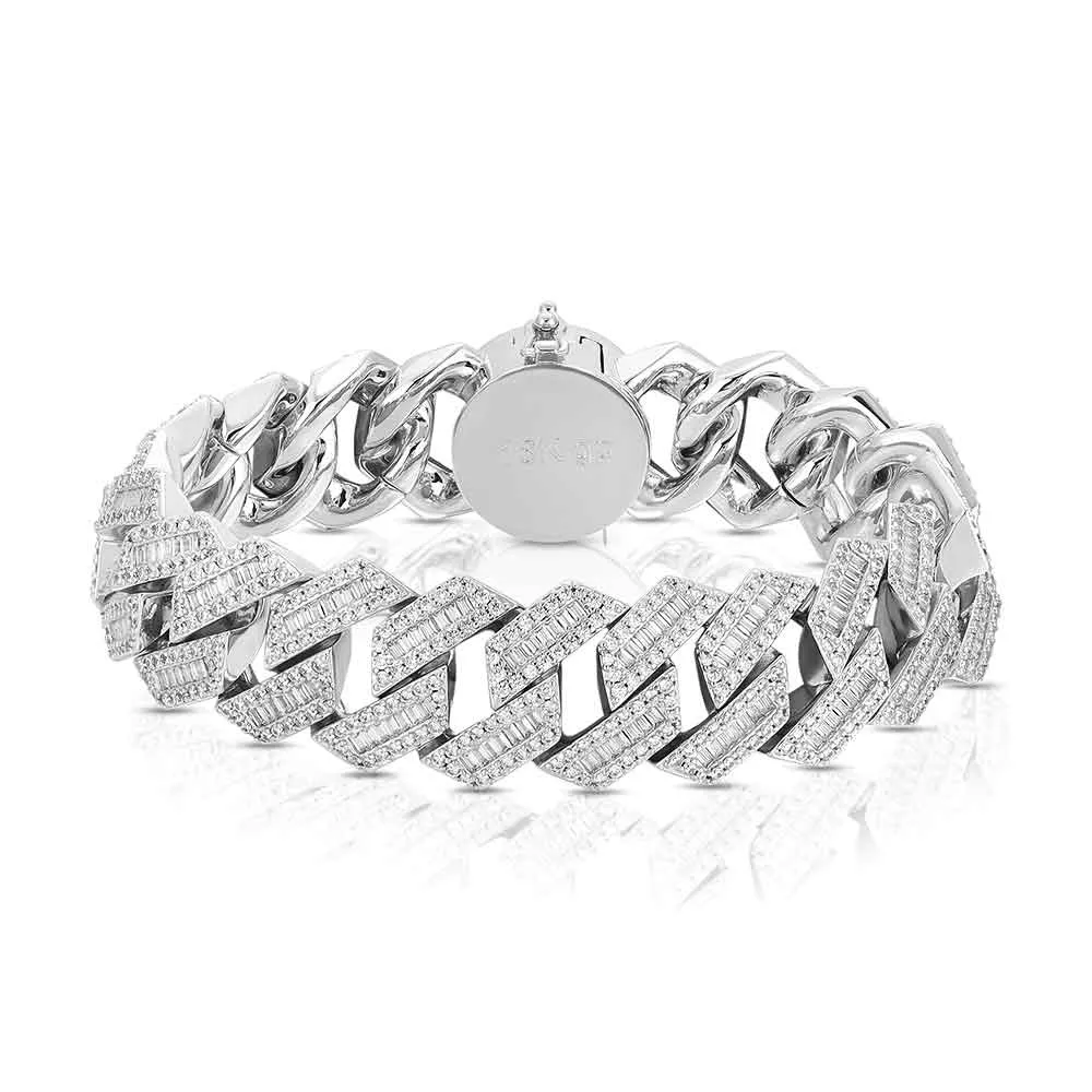 Diamond Baguette Straight Edge Cuban Bracelet White Gold 18mm