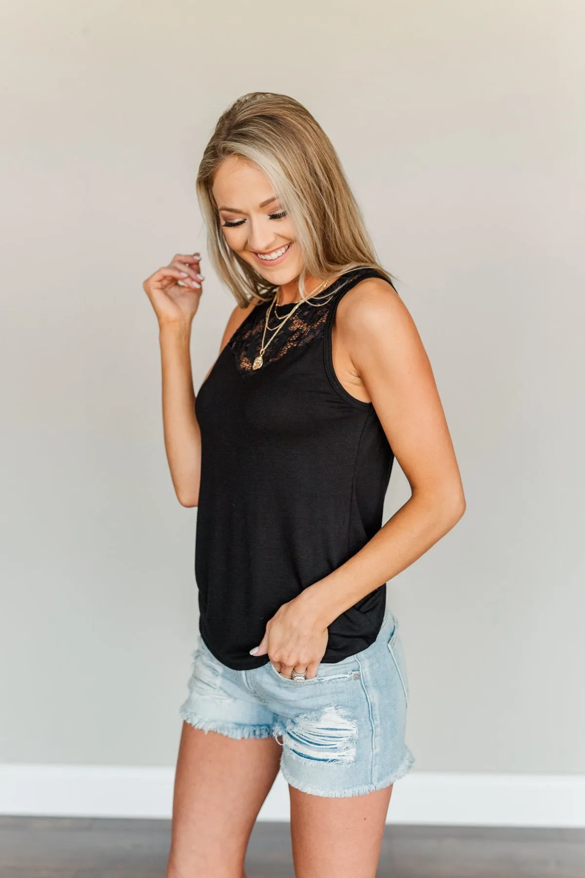 Energize The Day Lace Tank Top- Black