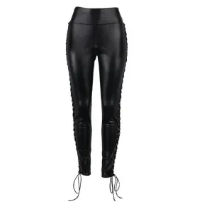 Faux Leather Pants Straps Wet Look Black Leather Leggins Sexy Women Clubwear Pants Pantalon Femme#121 SM6