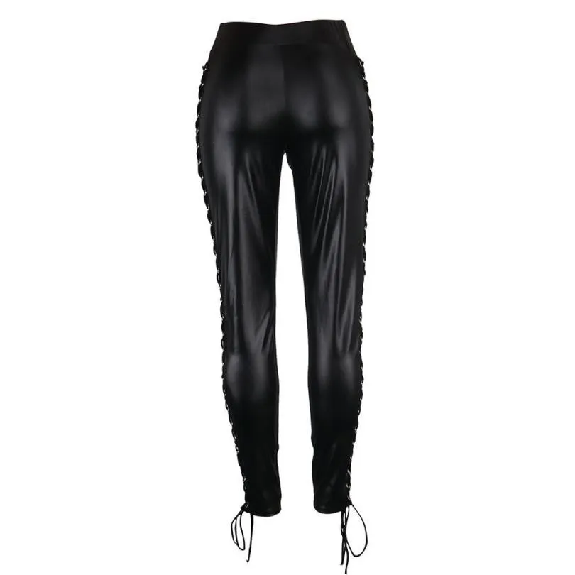 Faux Leather Pants Straps Wet Look Black Leather Leggins Sexy Women Clubwear Pants Pantalon Femme#121 SM6