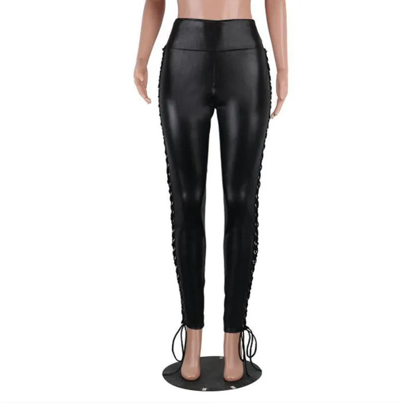 Faux Leather Pants Straps Wet Look Black Leather Leggins Sexy Women Clubwear Pants Pantalon Femme#121 SM6