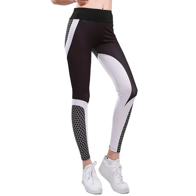 Fitness Women's Leggings Honeycomb Printed Workout Pants Black White Breathable Slimming Elasticity Girl Leggings