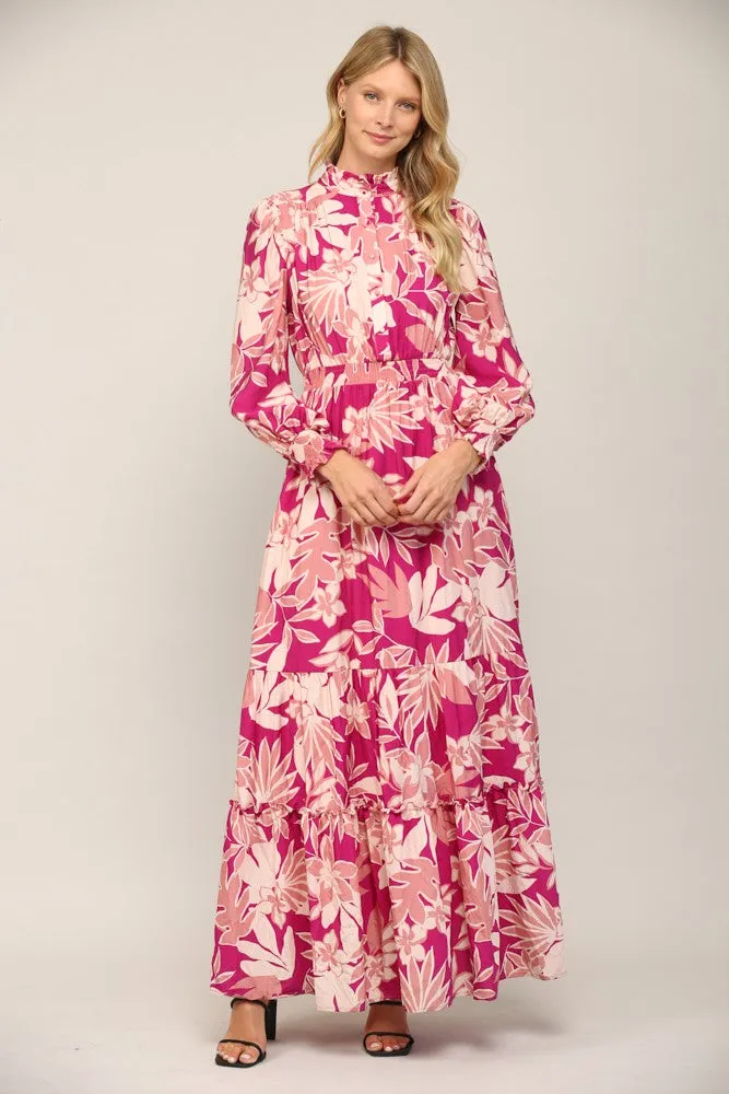 Floral Print Smocked Ruffle Neck Maxi Dress