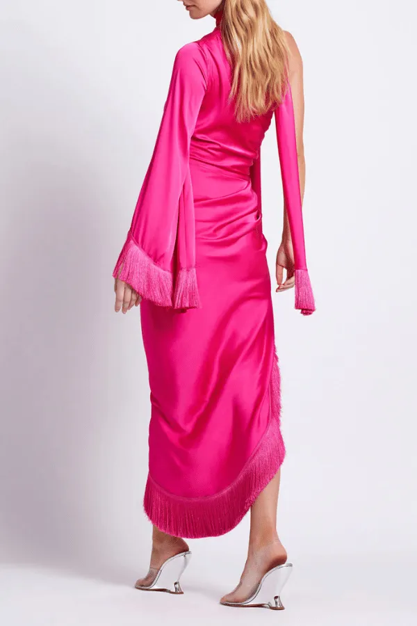 Fringe Trim Oscar Dress Hot Pink