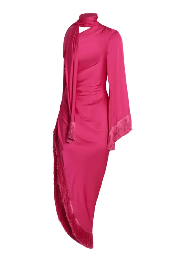 Fringe Trim Oscar Dress Hot Pink