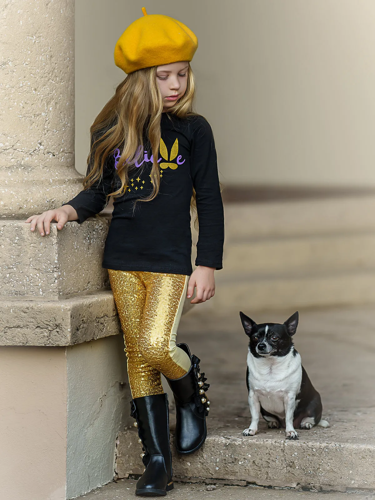 Girls Believe Bunny Long Sleeve Tunic And Sequin Legging Set