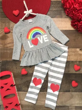 Girls Rainbow Love Peplum Top and Striped Heart Legging Set