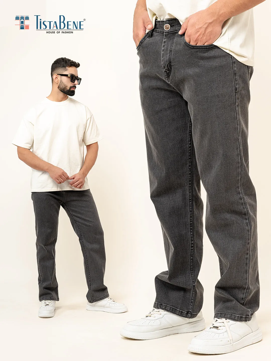 Grey Denim Baggy Plain Jeans