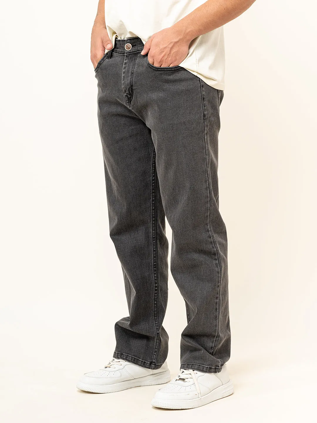 Grey Denim Baggy Plain Jeans