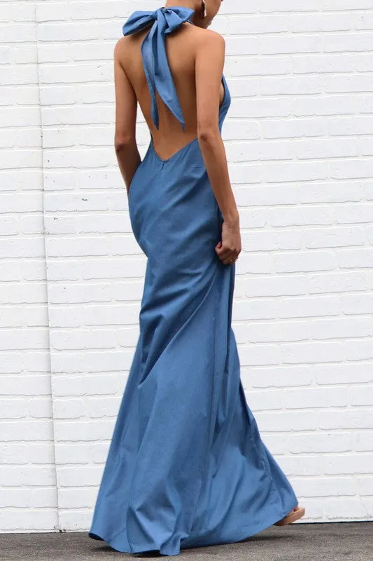 Halter Neck Denim Maxi Dress