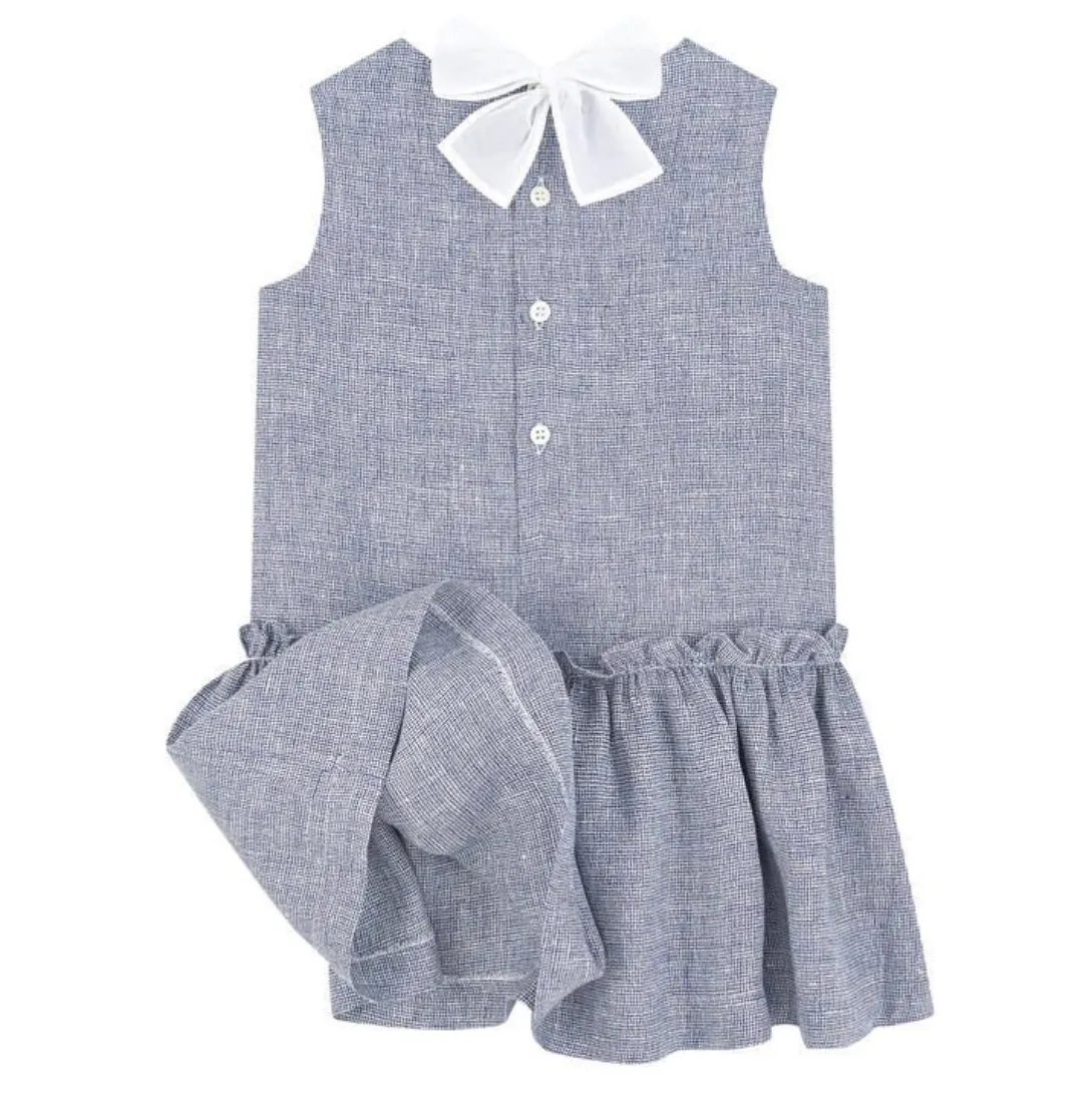 Il Gufo Blue And White Linen Dress With Bow: 4 years, 12 years